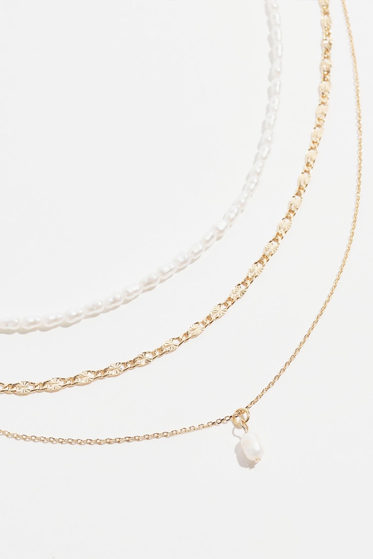 Layered Pearl and Chain Necklace Off White & Gold large