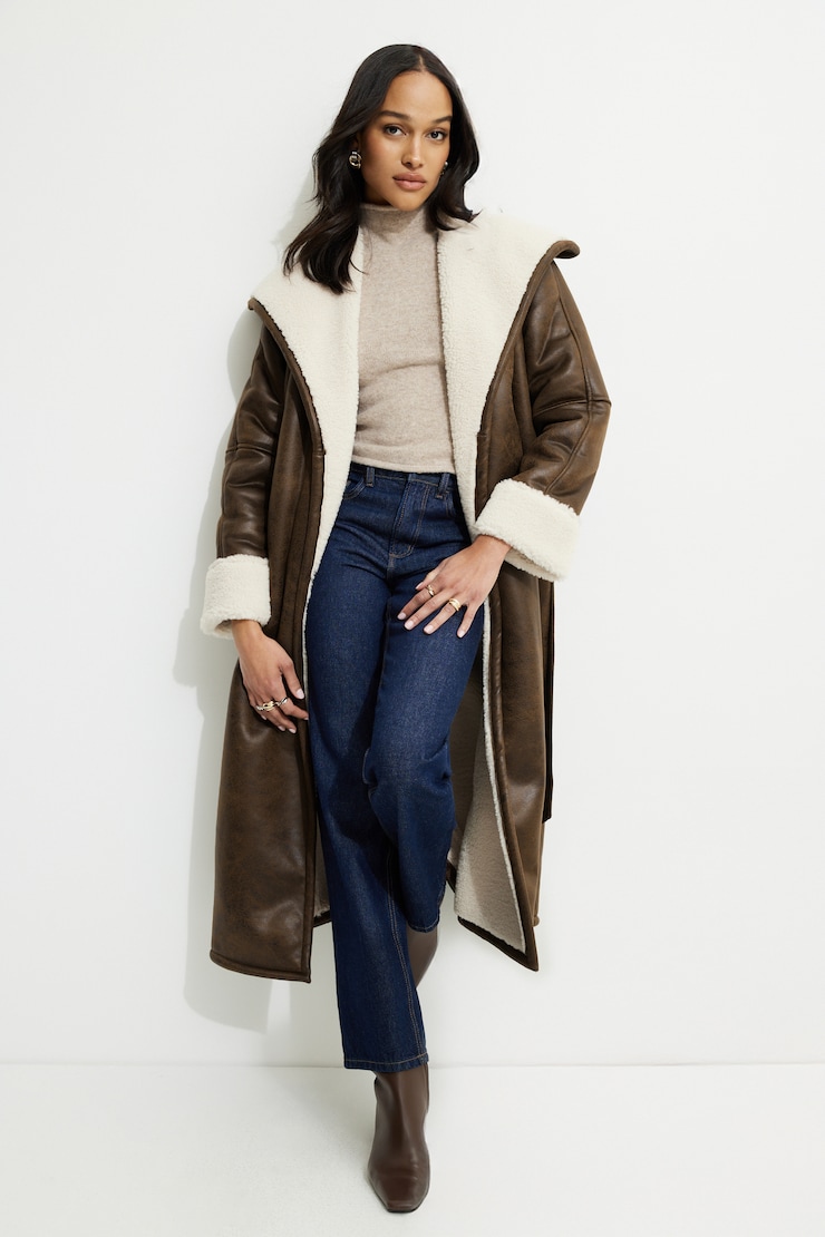 Sherpa Faux Leather Wrap Coat Java/Rainy Day large