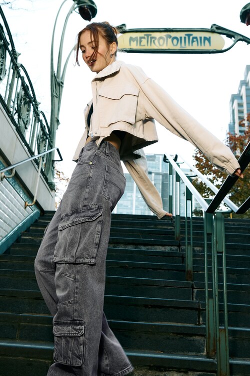 Garage Jeans High Rise Wide Cargo Jean in Pewter Grey