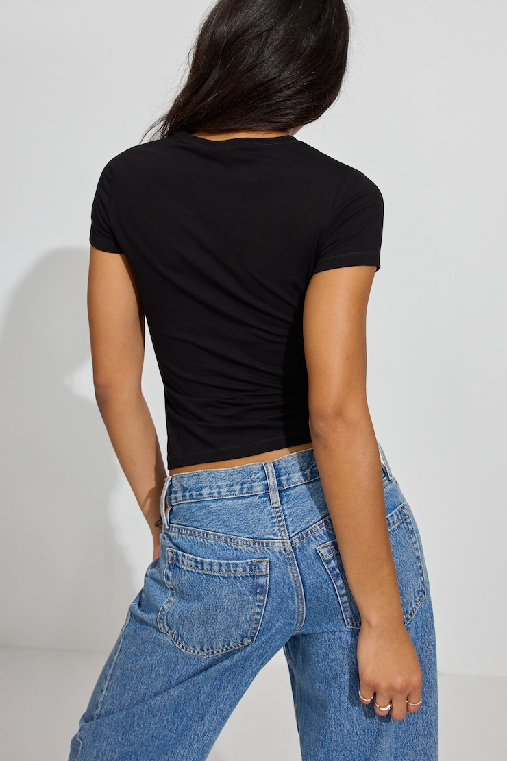 Estelle Longline Tee - Test July 14, Jet Black with "Go Away" Art, large