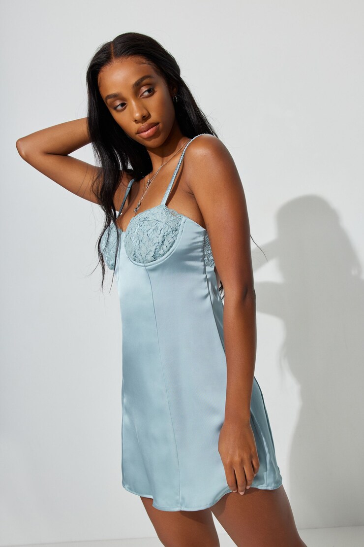 Lace Trim Satin Flare Dress, Arona Blue, large