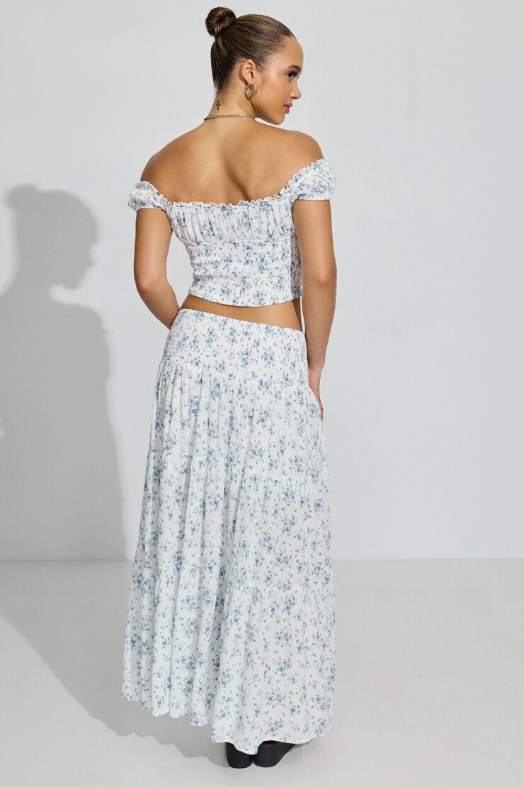 Eliana Smocked Peasant Midi Skirt, White Pretty Bouquet, large