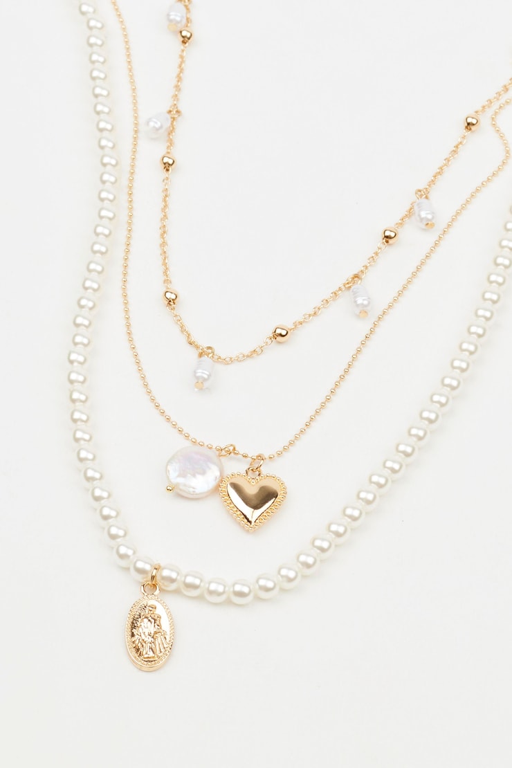 Set of 3 Pearl & Charm Necklace, Off-White/Gold, large