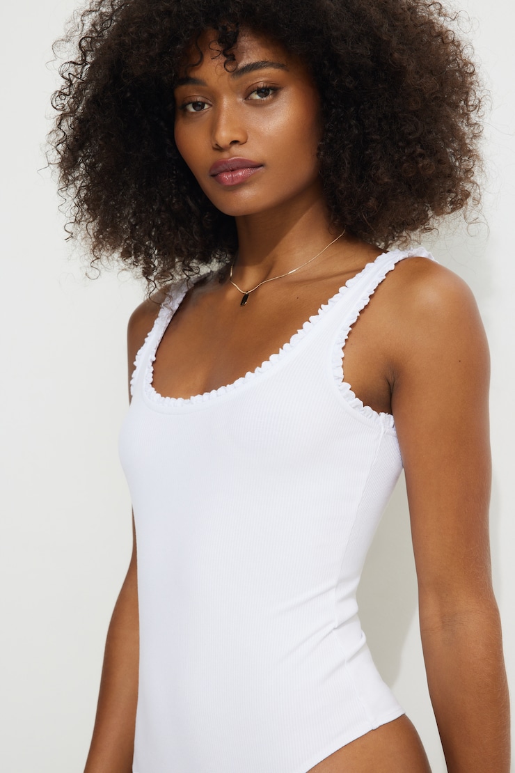 Ribbed Ruffle Trim Bodysuit Bright White large