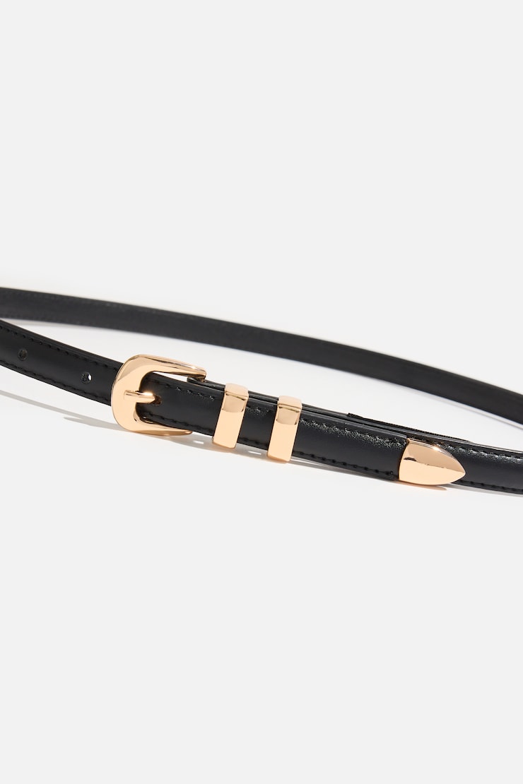 Double Loop Super Slim Faux Leather Belt Black / Gold large