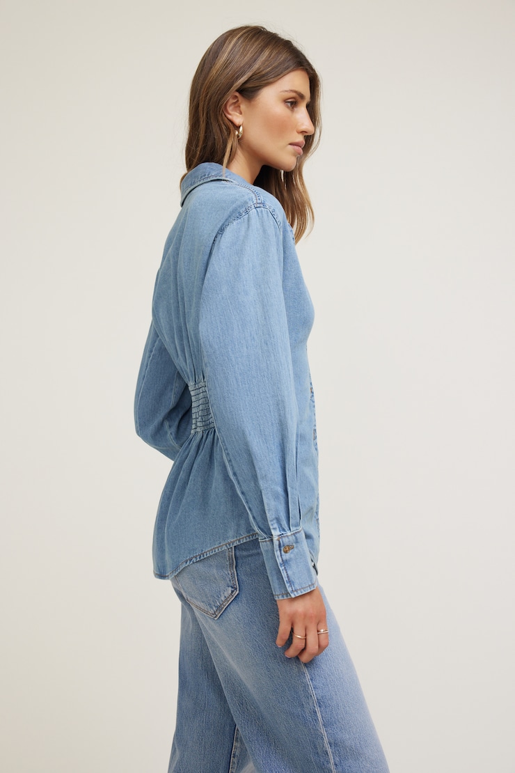 Chemise à manches longues avec détails smockés Bleu Amara large