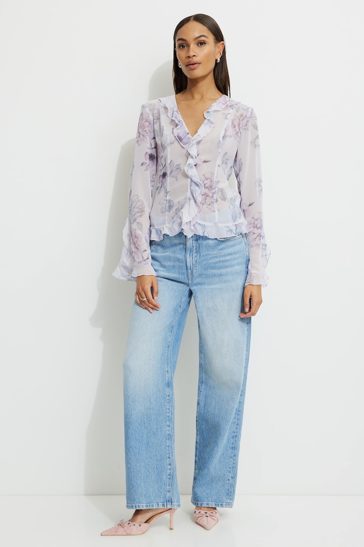 Sheer Ruffled Blouse Purple Pastel Flowers large