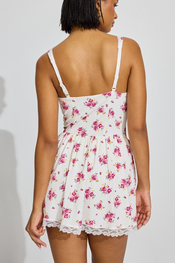 Plunge V-Neck Romper Dress, Pink/Yellow Floral, large
