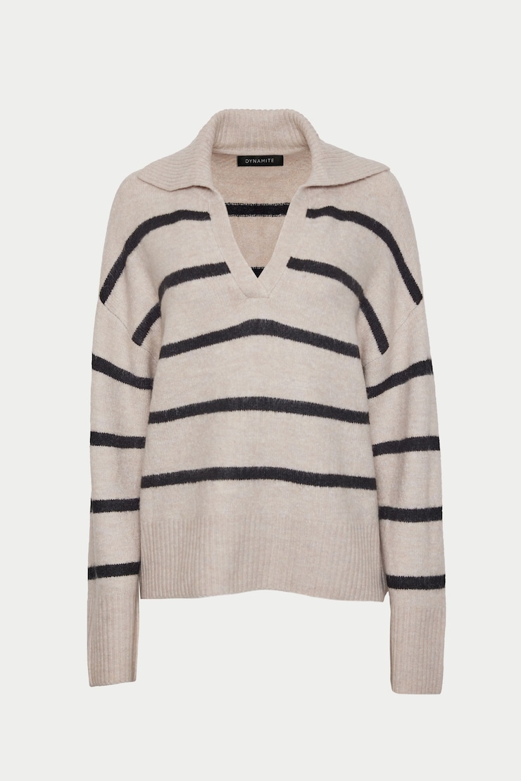 V-Neck Polo Sweater Oatmeal Mix Stripe large