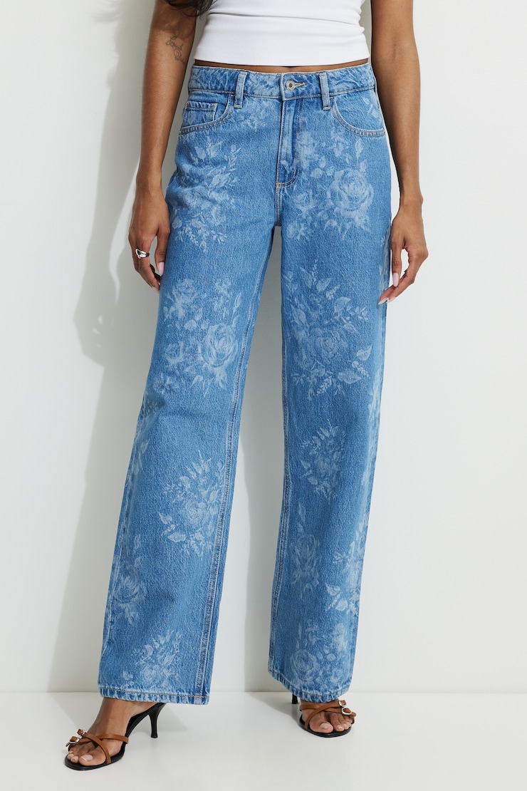 Mika Floral Mid Rise Relaxed Straight Leg Jeans Floral Denim large