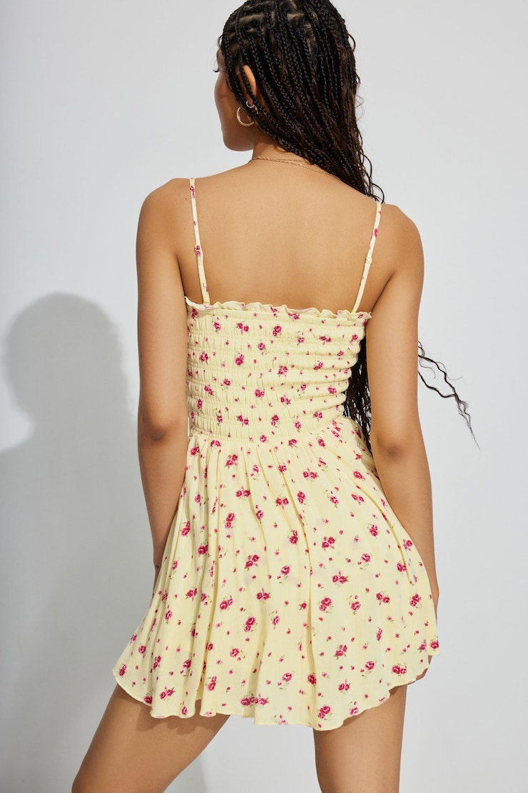 Kayley Smocked Tube Romper, Yellow/Pink Rose Print, large