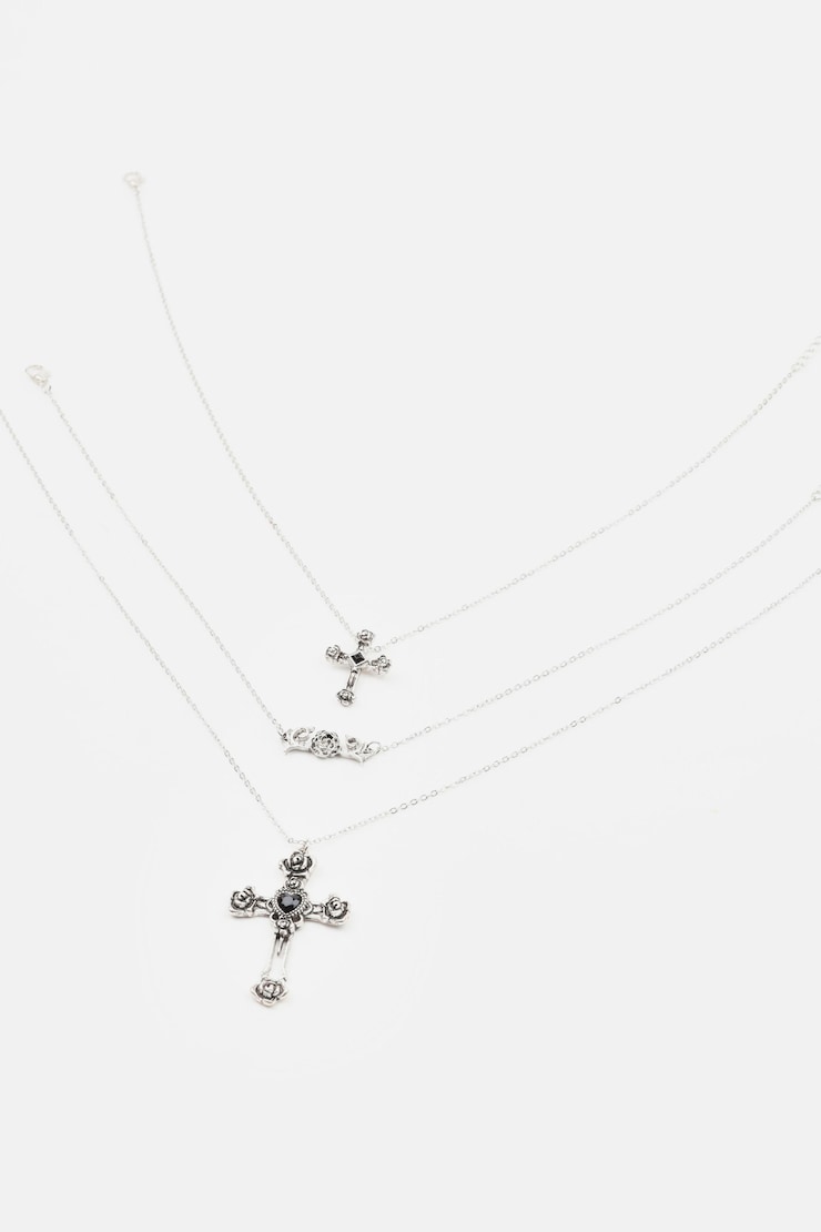 Set of 3 Flower, Cross, & Roses Necklace, Antique Silver, large