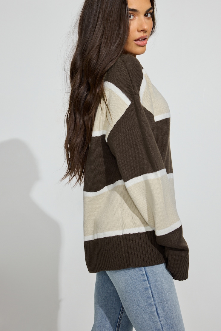 Roxy Long Sleeve Supersoft Crewneck Sweater, Armadillo Brown/Rainy Day/Snow White Stripes, large