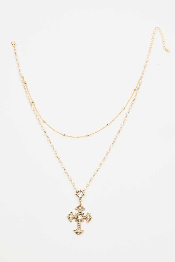 Set of 2 Pearl & Cross Rosary Necklace , Off-White/Gold, large
