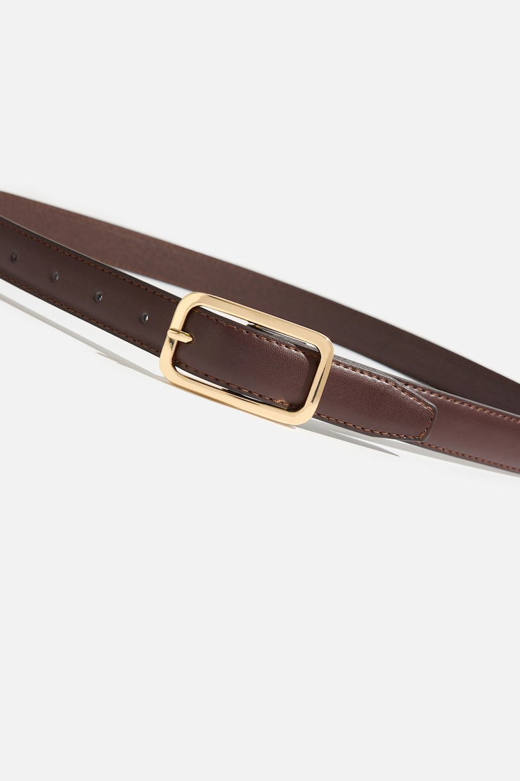 Rounded Rectangle Slim Faux Leather Belt Dark Brown / Gold large