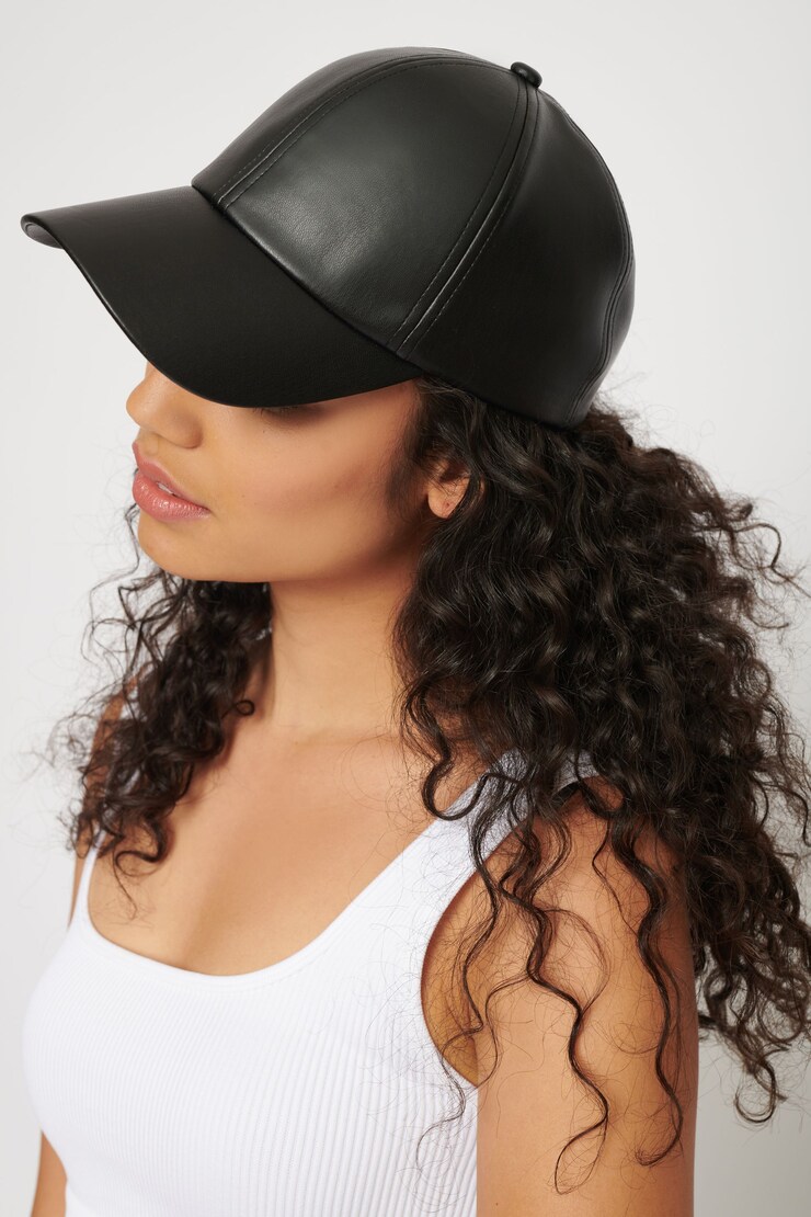 6 Panel Faux Leather Baseball Cap Jet Black large
