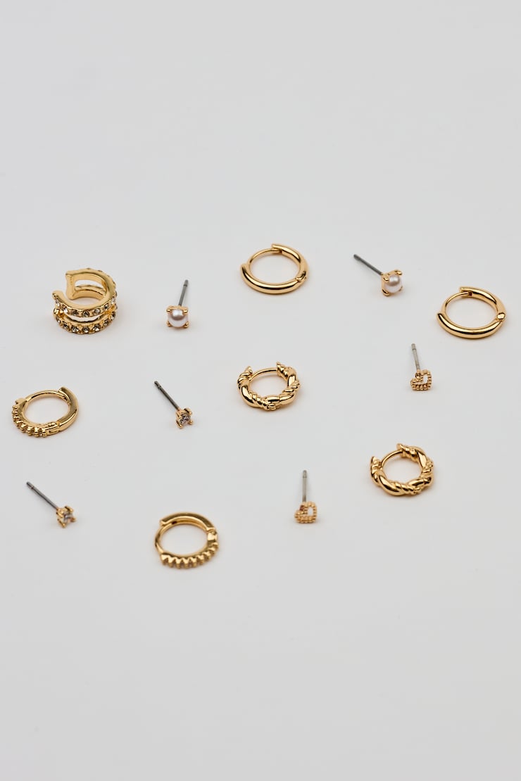 13 Pack of Gem, Hoop & Cuff Earrings , Clear/Gold, large