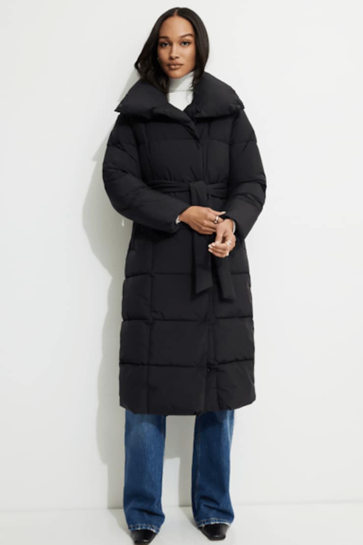 Manteau maxi matelassé à ceinture Noir encre large