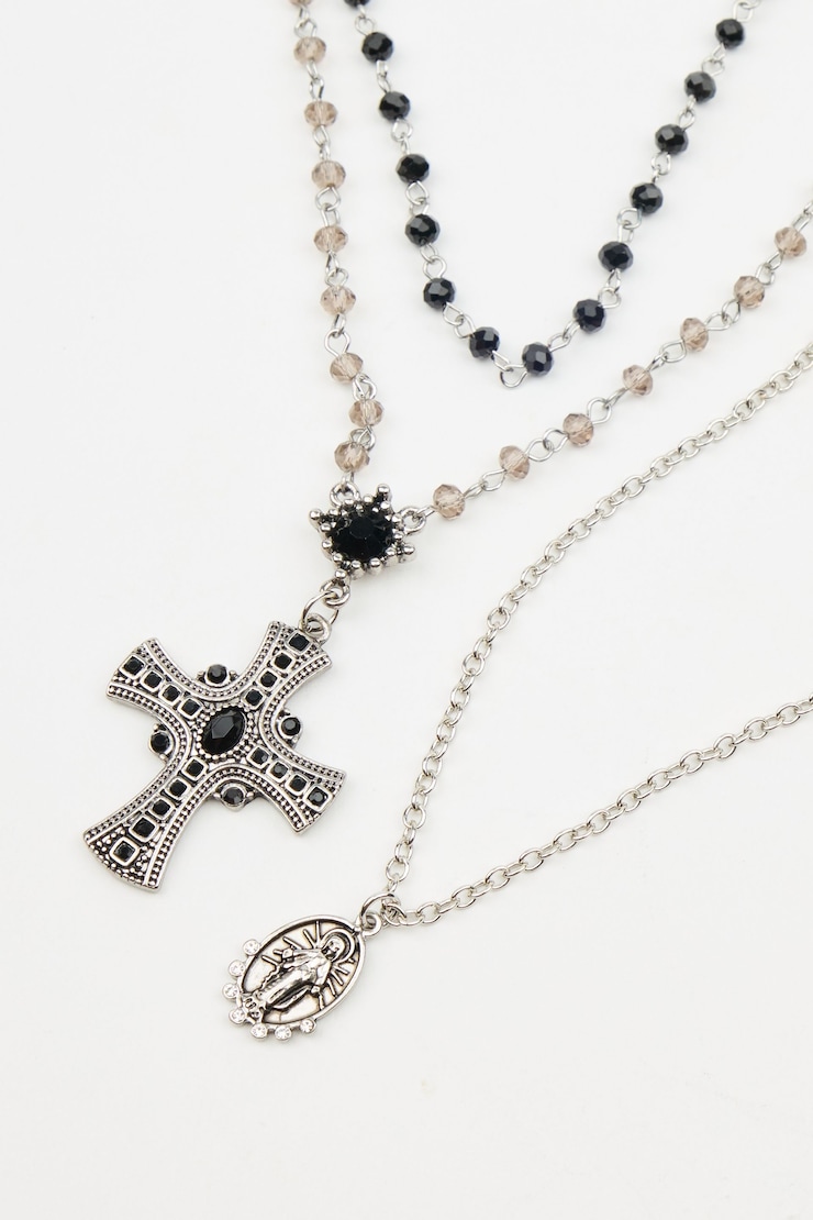 Set of 2 Mary & Rosary Necklaces, Silver/Black, large