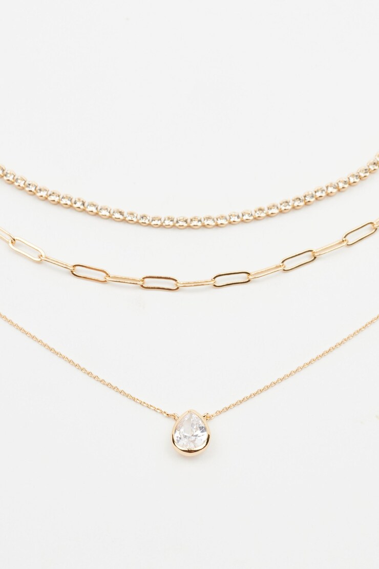 Layered Baguette & Pear Drop Necklace Clear & Gold large