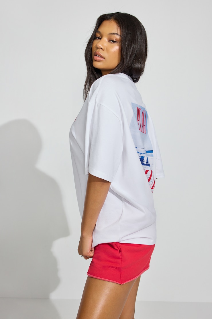 Oversized Boyfriend Tee, Bright White with "Playa De Club" Art, large