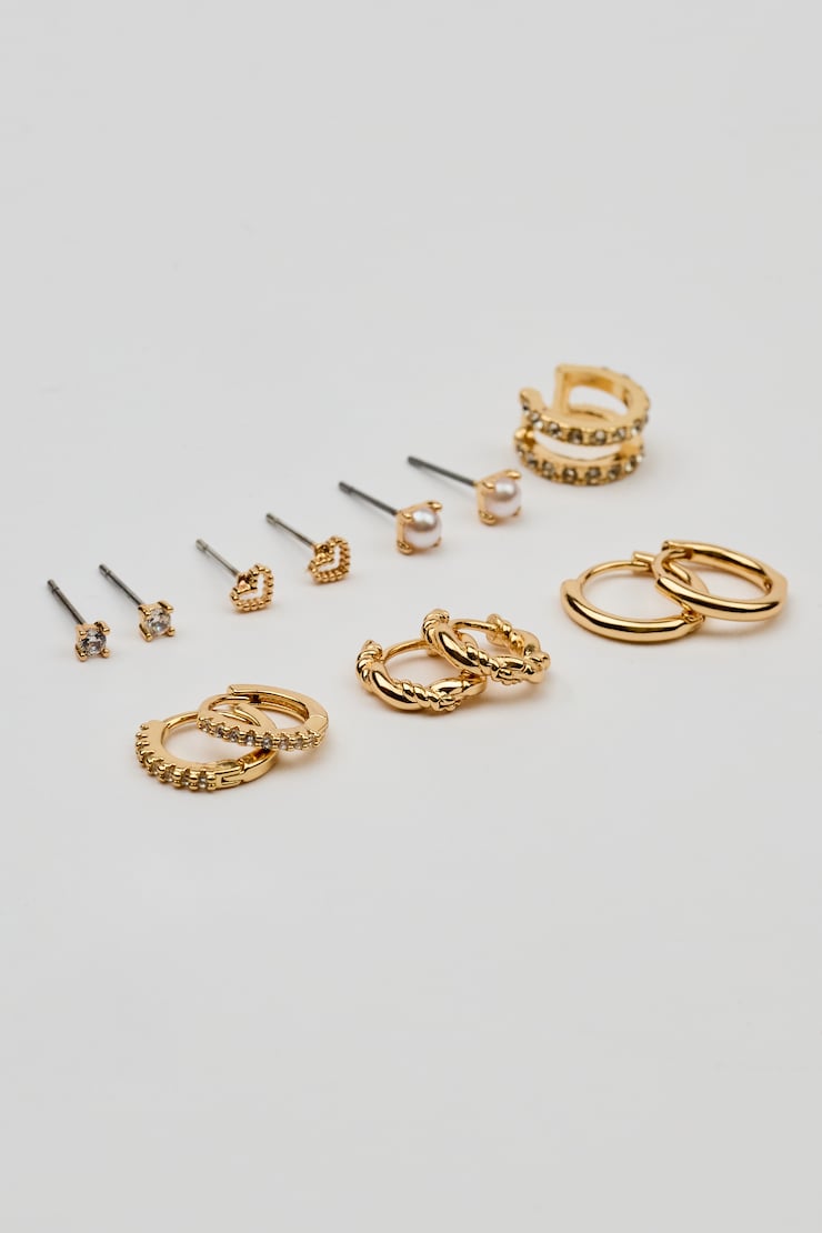 13 Pack of Gem, Hoop & Cuff Earrings , Clear/Gold, large