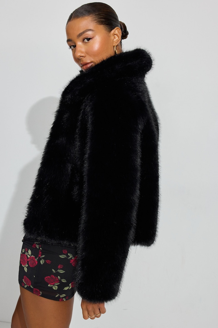 Short Faux Fur Coat, Jet Black, large