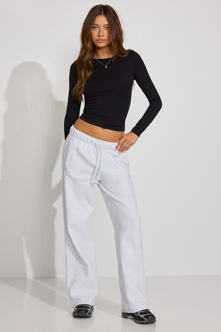 Sleek Crewneck Long Sleeve Top, Jet Black, large