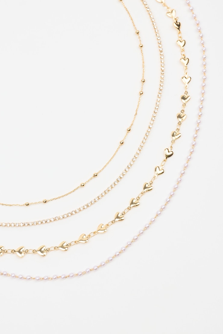 Set of 4 Hearts, Gem, and Pearl Chains, Off-White/Gold, large