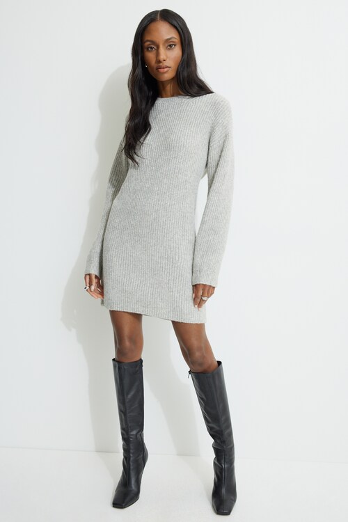 Rib Knit Mini Sweater Dress Grey | Dynamite