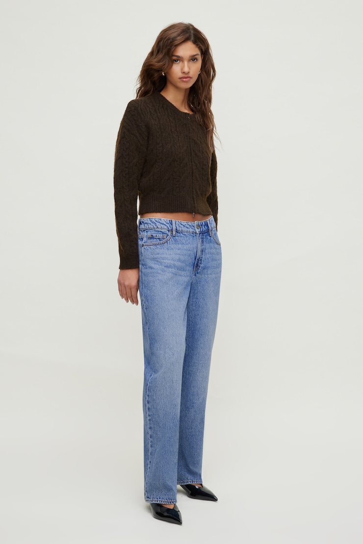 Cable Knit Zip Up Sweater Java Brown large