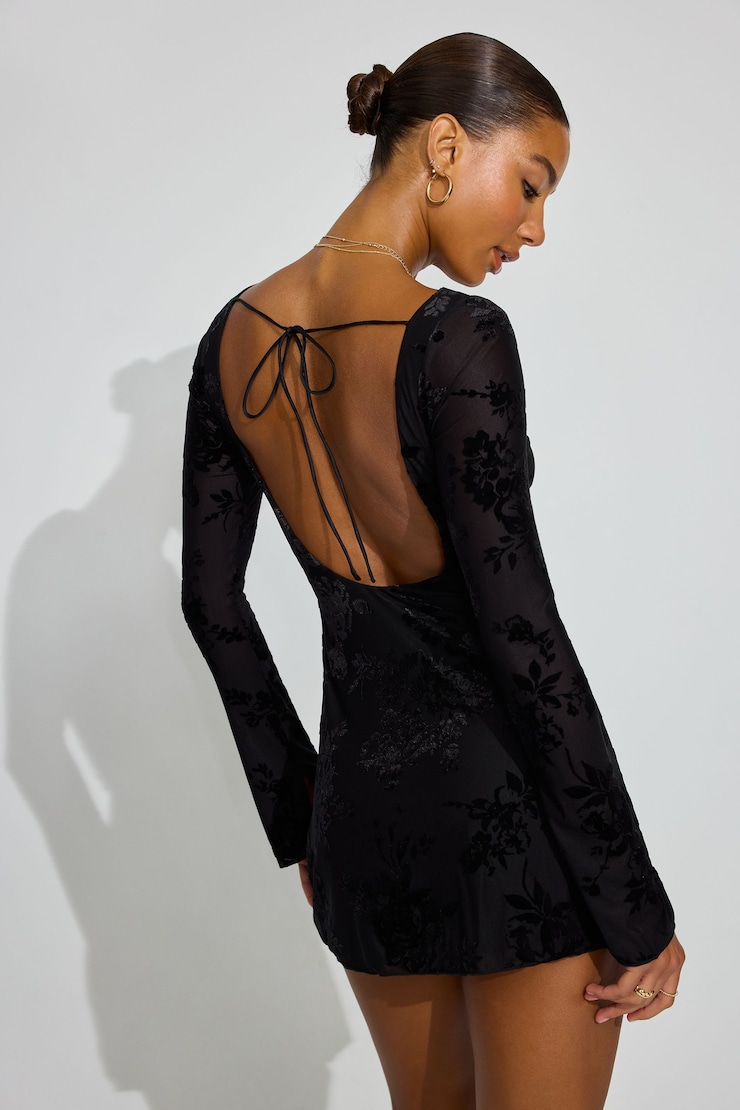 Burnout Open Back Mini Dress, Jet Black Floral, large
