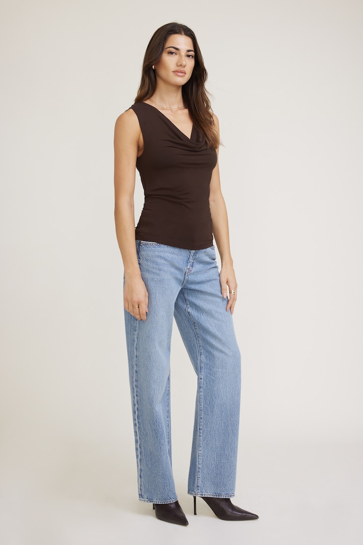 Draped Cowl Neck Jersey Tank Top Brown | Dynamite