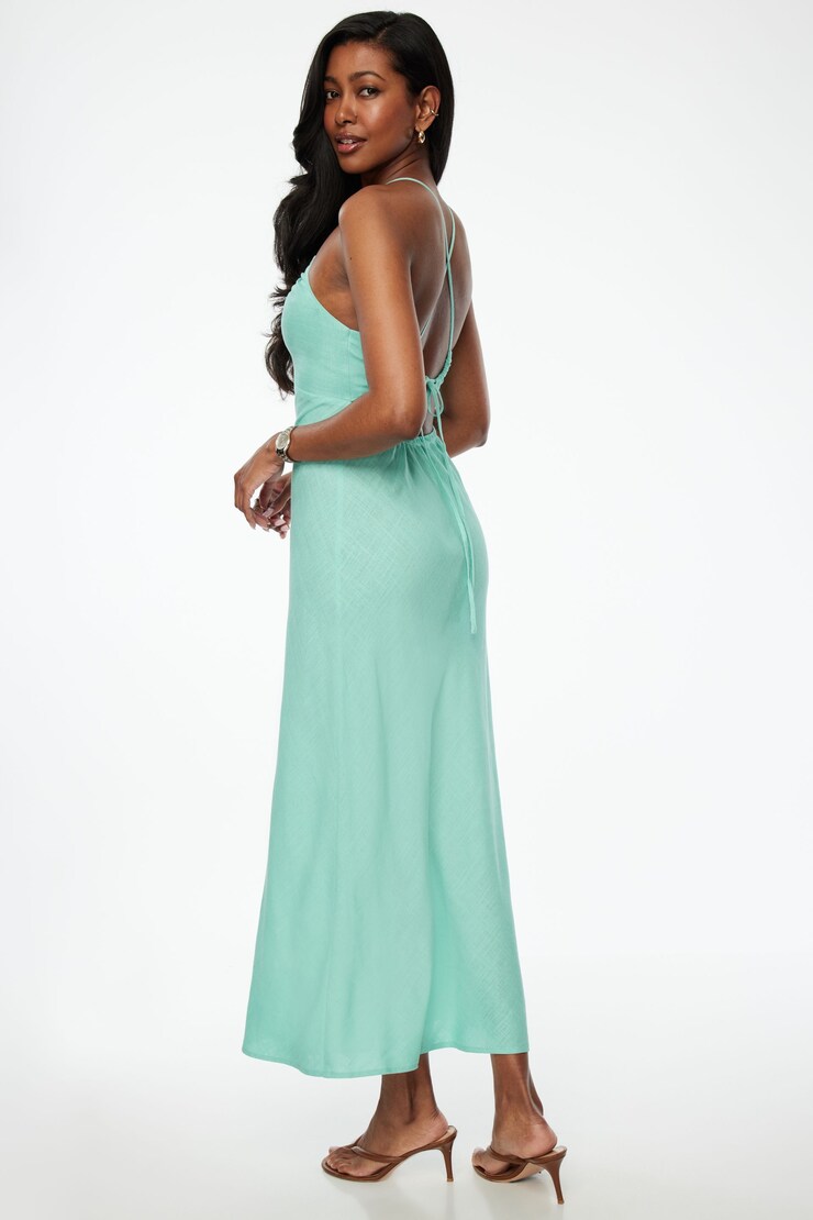 Open Back Linen Halter Dress Aqua Haze large