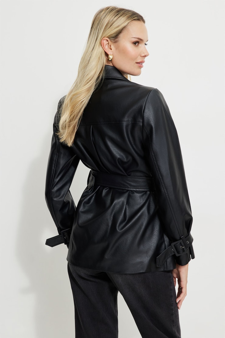 Cropped Faux Leather Trench Coat Jet Black large
