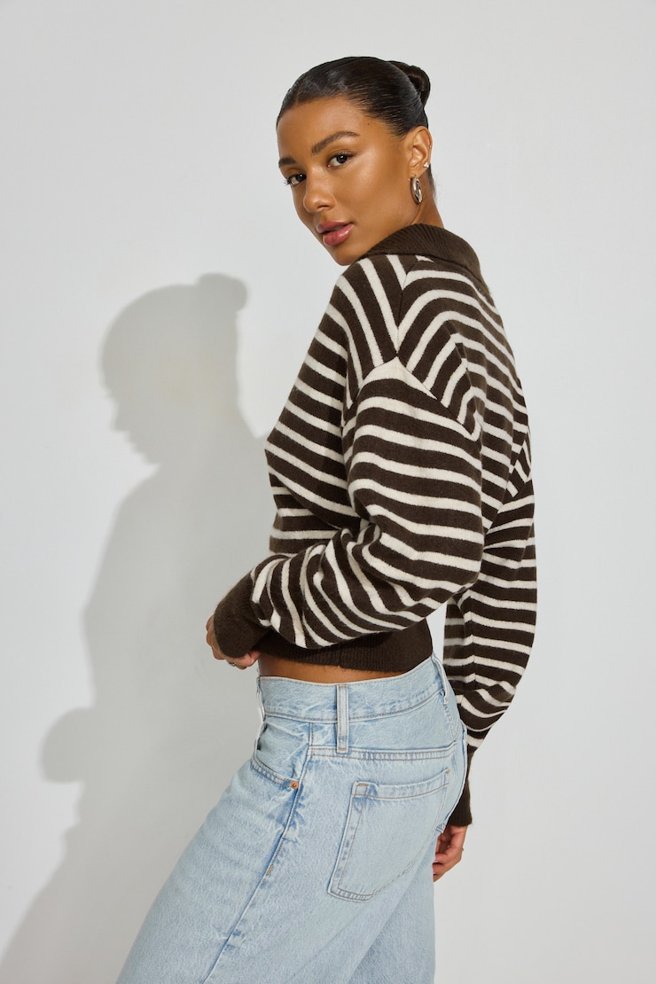 Long Sleeve Spongy Henley Sweater Brown | Garage