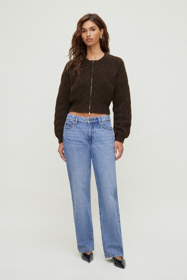 Cable Knit Zip Up Sweater Brown | Dynamite