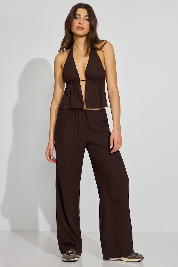 Linen Tie Back Halter Top, Armadillo Brown, large