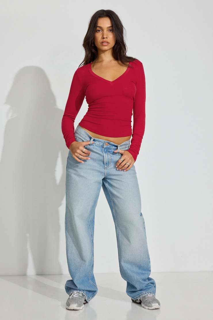 Serene Deep V-Neck Long Sleeve Top Red | Garage