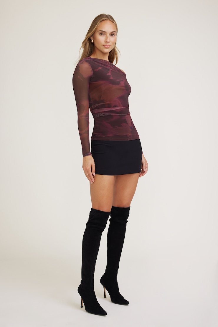 Cleo Printed Mesh Long Sleeve Top Maroon Burgundy Floral large