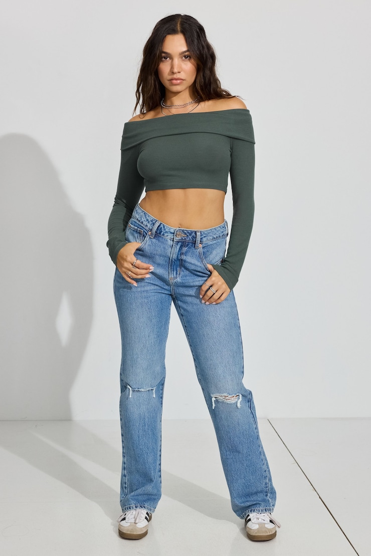 Kayla Foldover Off Shoulder Top, Urban Chic Green, large