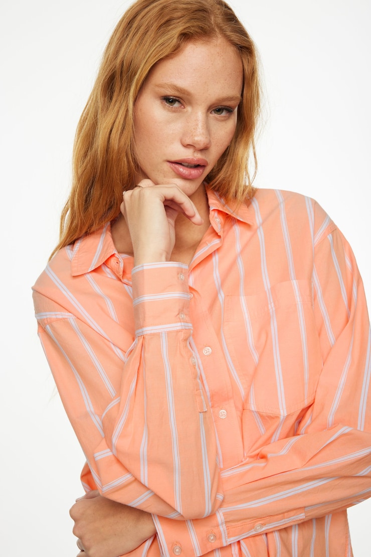 Chemise Frida rayée ample à boutons Corail et fines rayures blanches large