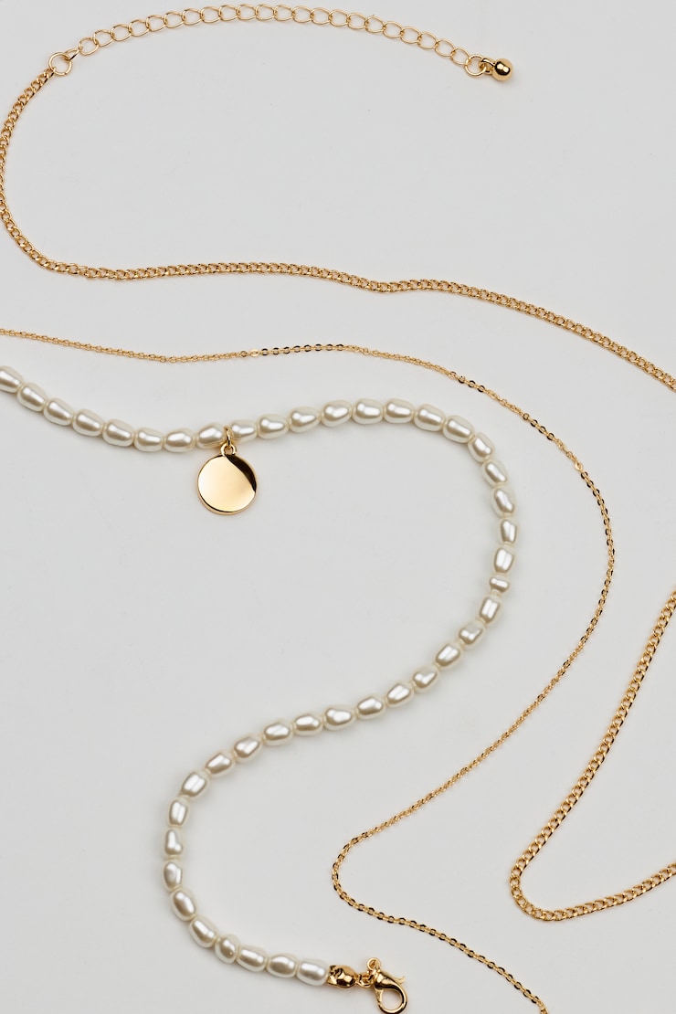 Set of 3 Pearl and Chain Necklaces, Off-White/Gold, large