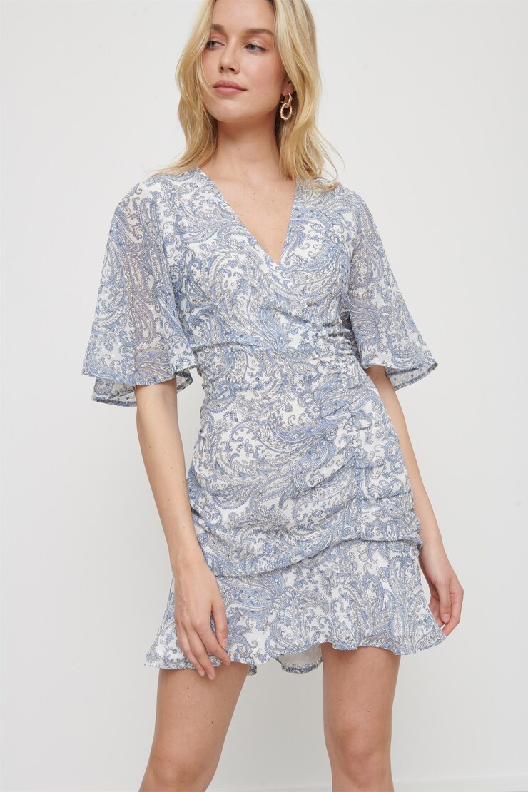 Short Sleeve Ruched Dress Blue Paisley on White large