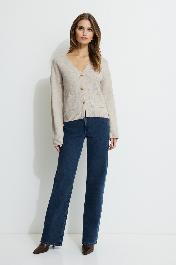 V Neck Button Cardigan Oatmeal Mix large