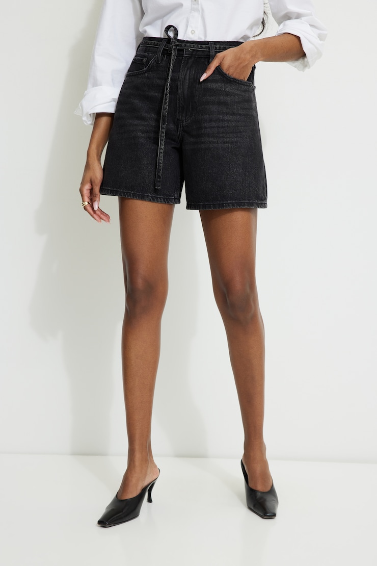 Charlie Drawstring High Rise A Line Denim Shorts Medium Black / Castle Rock large