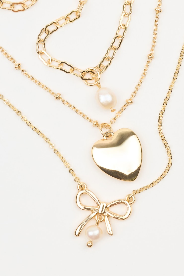 Set of 3 Bow, Pearl, and Heart Necklaces, Off-White/Gold, large
