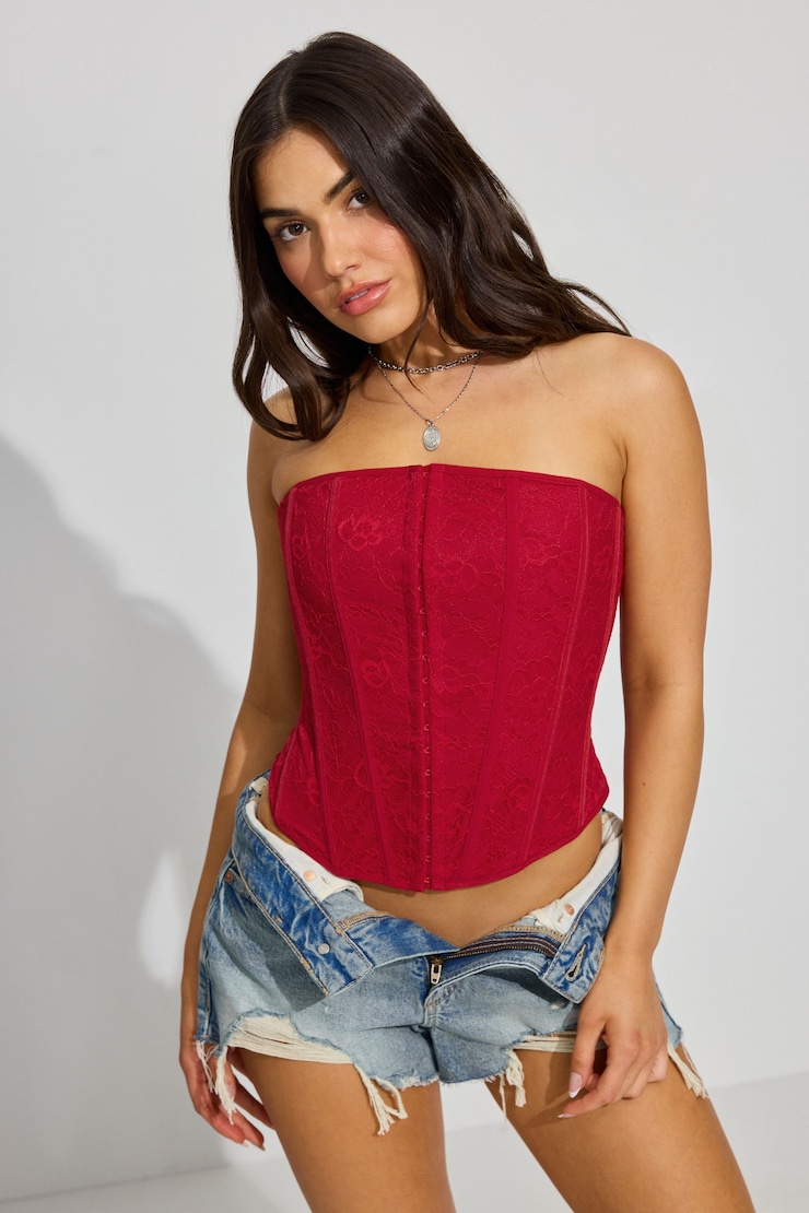 Giselle Strapless Lace Corset, Chili Pepper Red, large