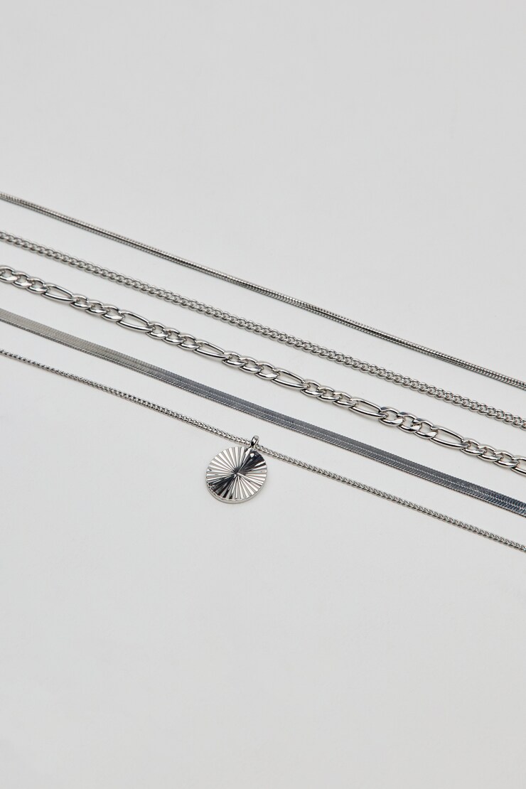 Set of 5 Clean Diamond Cut Oval Necklaces, Silver, large