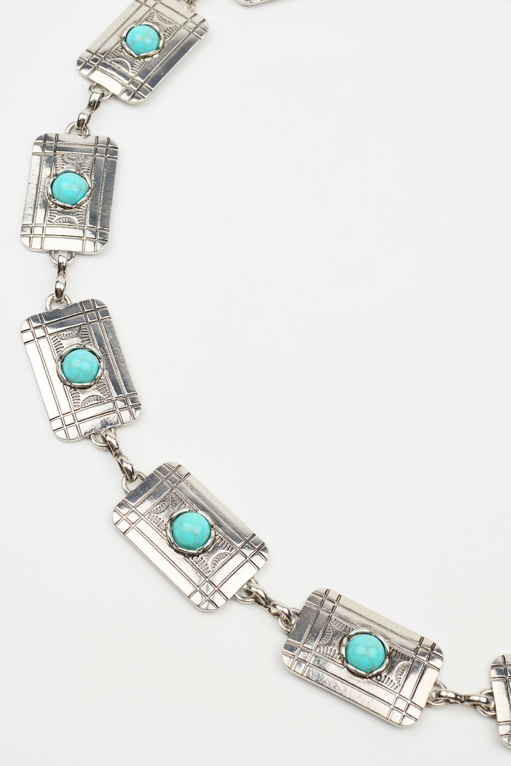 Square Western Metal Belt, Turquoise/Silver, large